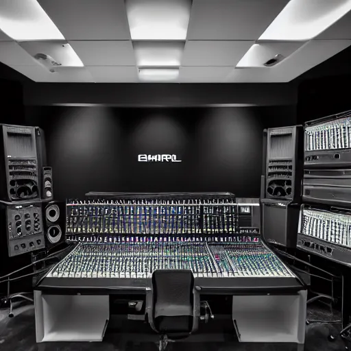 Image similar to Sharp photo of a mixing and mastering engineering studio. Expensive Genelec mastering loudspeakers, a large mixing desk. Emmy Award-winning mixing engineer studio. Cinematic dark lighting, dusty Atmosphere, award-winning photography, 35 mm f/2.8 photography. Sharp, 4k, anamorphic lens. Very, very detailed