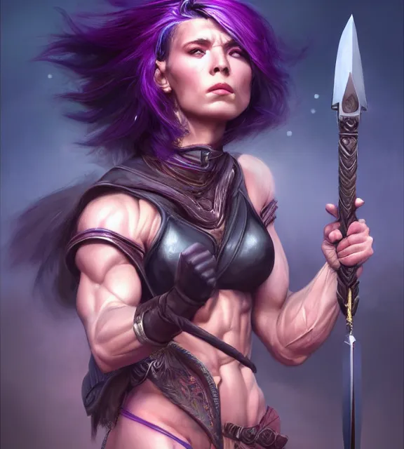 Image similar to muscular female warrior holding dagger shaft, perfect face, diadem, black halter top, purple hair, abs, cinematic, blush, stunning, athletic, strong, agile, highly detailed, psychedelic, digital painting, artstation, smooth, hard focus, illustration, art by jessica rossier and and brian froud