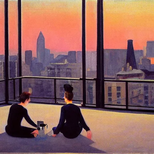 Image similar to a small rooftop with a couple of people sitting and watching the view, wearing black modern clothes, modern shanghai bund is on the background, sunset, by edward hopper, by gregory crewdson