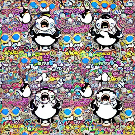 Image similar to illustration still of trippy furry chubby chibi penguins dancing by takashi murakami