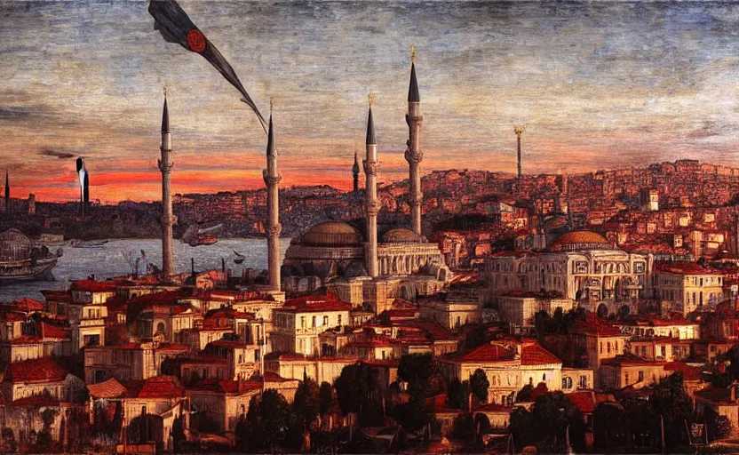 Image similar to skyline of istanbul at sunset, by edgar maxence and caravaggio and michael whelan and delacroix style, artistic, intricate drawing, cinematic lighting, hyper realistic, extremely detailed, establishing shot, 8 k resolution, dramatic lighting