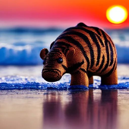 Image similar to a closeup photorealistic photograph of a cute smiling knitted tiger hippopotamus chasing towards a beachball at sunset. surf in background. professional capture. brightly lit scene. this 4 k hd image is trending on artstation, featured on behance, well - rendered, extra crisp, features intricate detail, epic composition and the style of unreal engine.