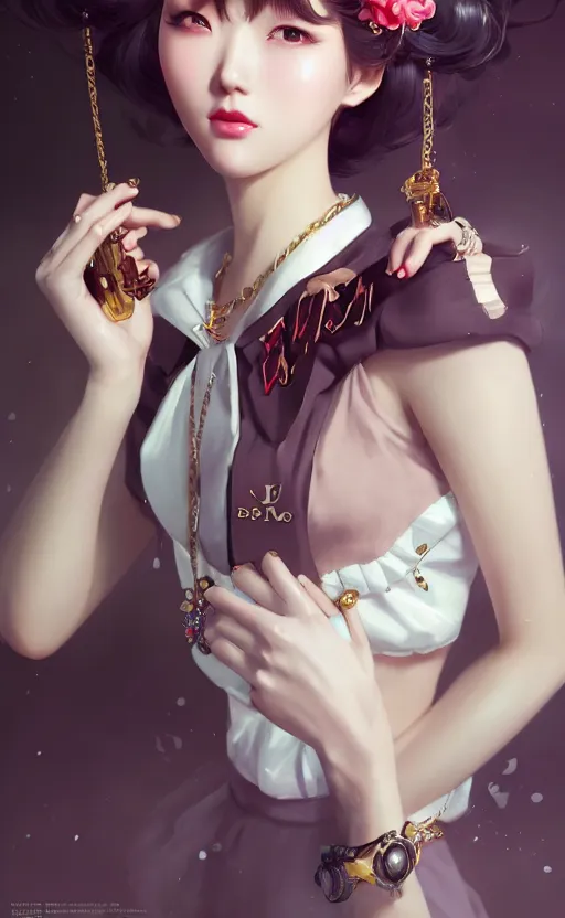 Image similar to a pin up and beautiful fashion charming dreamlke korea girl with lv jewelry, character art, art by artgerm lau and kyoung hwan kim and and ilya kuvshinov and john singer sargent, hyperdetailed, 8 k realistic, symmetrical, frostbite 3 engine, cryengine, dof, trending on artstation, digital art