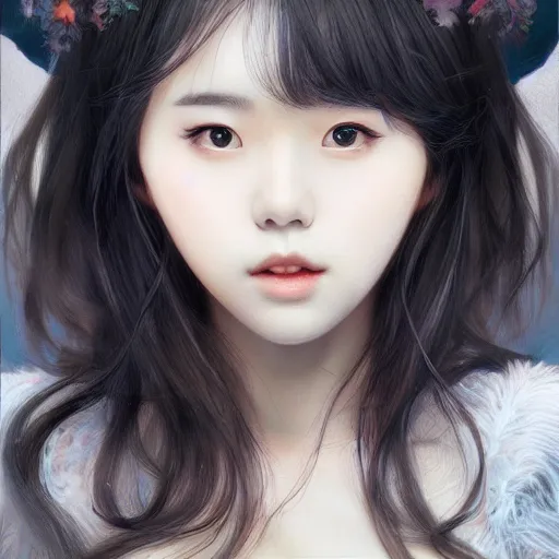 Image similar to IU, Korean Idol, Korean Artist, very detailed, digital art, concept art, studio quality, ethereal, art style by artgerm