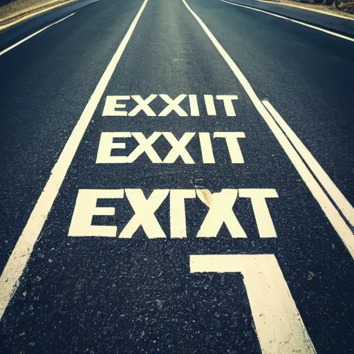 Prompt: Wooden sign in the middle of road that says “EXIT”,