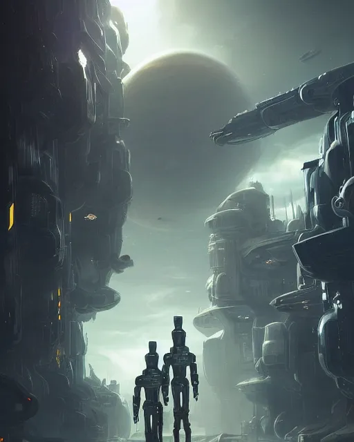 Image similar to A muted color painting of humanoid Aliens of the Sun on a space planet environment with futuristic city and vehicles, inspired by greg rutkowski and Keith Mallett, digital art, extremely moody lighting, glowing light and shadow, atmospheric, shadowy, cinematic