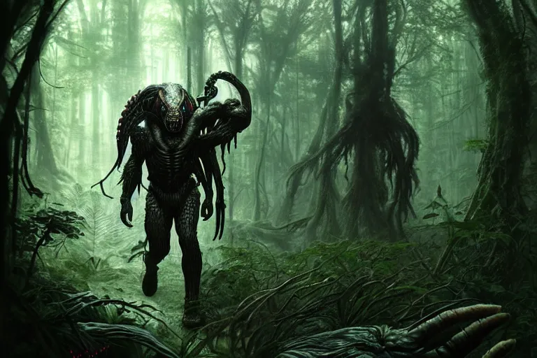 Image similar to ultra realistic, predator walking through dark forest, sci - fi, intricate details, eerie, highly detailed, octane render, 8 k, art by artgerm and alphonse mucha and greg rutkowski