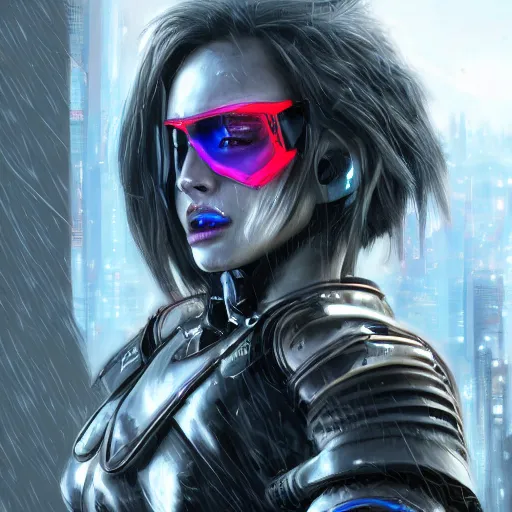 Image similar to An epic fantastic ultrarealism comic book style portrait painting of a female cyberpunk armor samurai, tzuyu ultradetailed face by Artgerm, blue and ice silver color armor, cyberpunk feel raining at tokyo rooftop, Concept world Art, unreal 5, DAZ, 8k, hyperrealistic, octane render, cosplay, RPG portrait, final fantasy artwork concept, dramatic lighting, rim lights