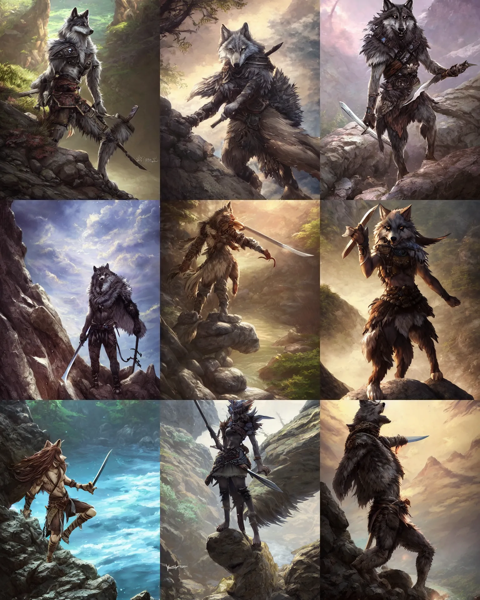 Prompt: an anthropomorphic wolf warrior standing heroically on a rock holding a sword in her hand. Adventurous, new adventure, forest, rocks, stream, ripples, tribal armor, wolf wolf wolf, atmospheric lighting, stunning, brave. By Makoto Shinkai, Stanley Artgerm Lau, WLOP, Rossdraws, James Jean, Andrei Riabovitchev, Marc Simonetti, krenz cushart, Sakimichan, D&D trending on ArtStation, digital art.