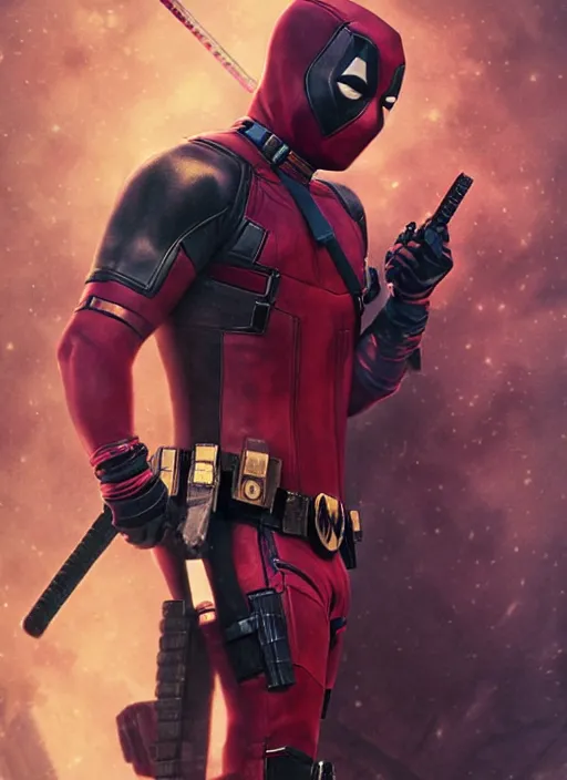 Image similar to Ryan Gosling as deadpool, handsome face, unmasked, no mask, dramatic action pose, gorgeous, portrait, Symmetrical, powerful, intricate, beautiful, masterpiece, elegant, volumetric lighting, highly detailed, artstation, sharp focus, no cropping, illustration, explosions in the background, Jean-Leon Gerome , ruan jia