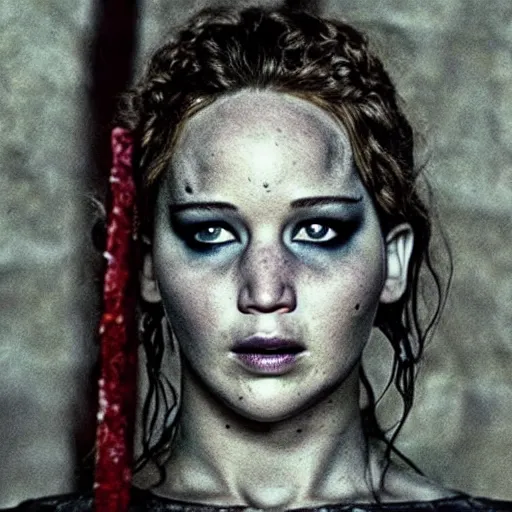 Image similar to jennifer lawrence as frankenstein's monster, color photography, sharp detail, still from the movie