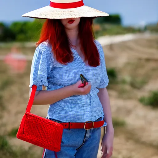 Image similar to red headed young woman wearing a wide brimmed straw hat and a fanny pack, belt bag, bum bag