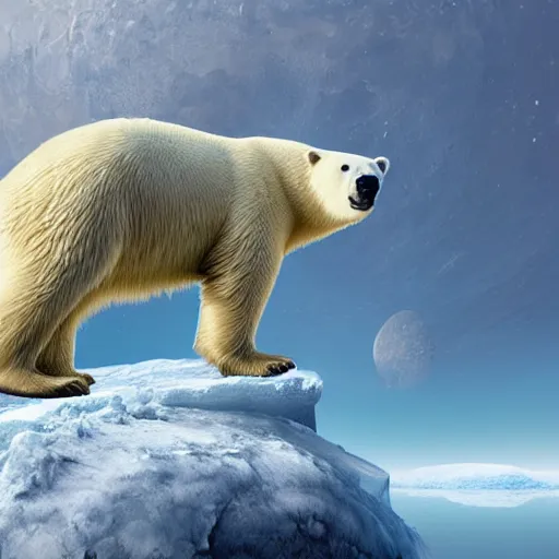 Image similar to polar bear on iceberg in mars, outer space, planet mars, photorealistic, high resolution,, trending on deviantart, hdr, hyper detailed, insane details, intricate, elite, ornate, dramatic lighting