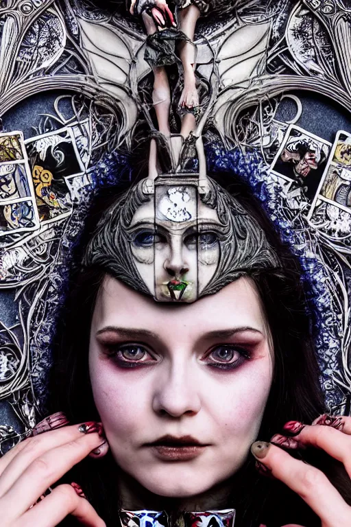 Prompt: Cinestill 50d, 8K, highly detailed, major arcana H.R Giger art nouveau nightmare Agnieszka Lorek tarot star card style 3/4 closeup portrait, eye contact, focus on model, tilt shift background: famous major arcana tarot remake, transformation scene