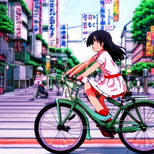 Prompt: anime girl riding bicycle in highly detailed akihabara, studio ghibli style, by hayao miyazaki, sharp focus, highly detailed, 4k