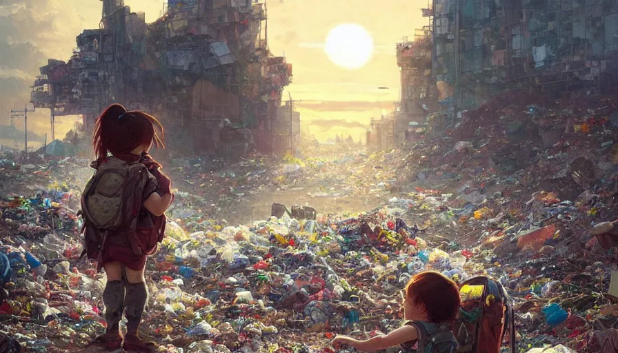 Image similar to poor detailed child with backpack looking for food at garbage dump, city is pure wasteland, sunset in background, greg rutkowski, alphonse mucha, trending on artstation, artgerm, breathtaking, award winning, highly detailed 4 k art