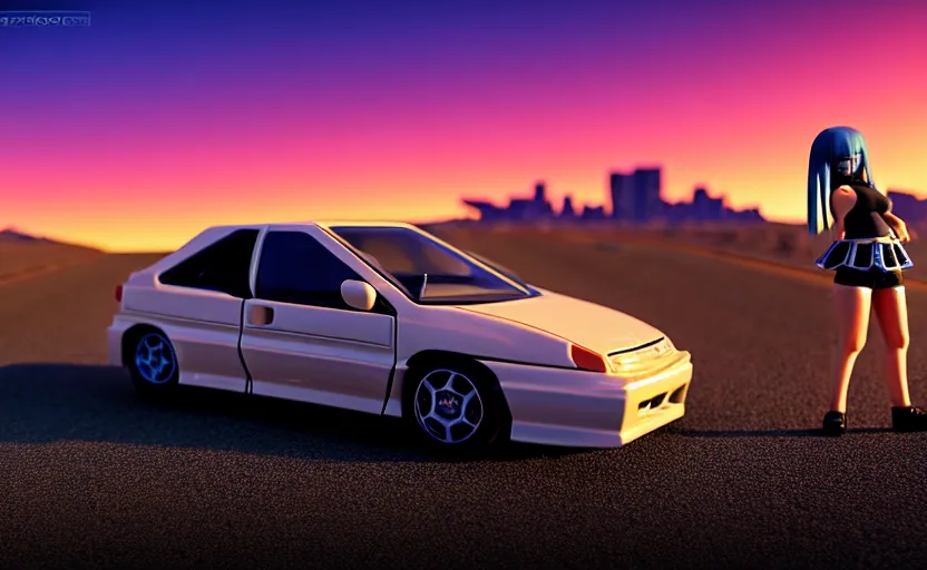 Image similar to photograph of a cell-shaded Honda EK9 Type-R with an anime girl, on a desert road with a futuristic city in the horizon, one point perspective, 1-point perspective, tilt shift, sigma 85mm f/1.4, 4k, depth of field, high resolution, 4k, 8k, hd, full color