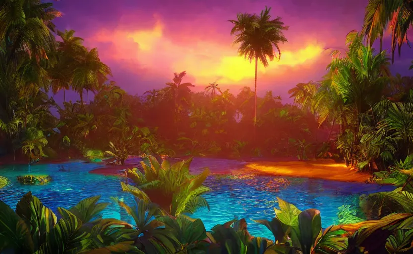 Image similar to a tropical resort in a jungle paradise, with a beautiful red and blue sunset, dynamic lighting, photorealistic fantasy concept art, trending on art station, stunning visuals, creative, cinematic, ultra detailed, ray tracing, sun rays