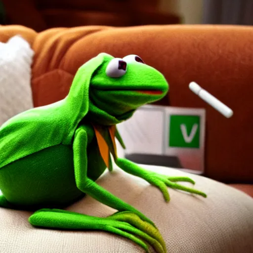 Image similar to candid photo of kermit the frog sitting on the couch hitting a bong, kermit the frog in ted ( 2 0 1 2 ) bong scene, kermit the frog, high resolution photo, trending on artstation, interior design,