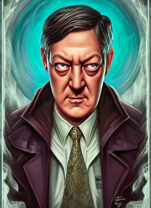 Prompt: lovecraft lovecraftian portrait of grumpy stephen fry, pixar style, by tristan eaton stanley artgerm and tom bagshaw