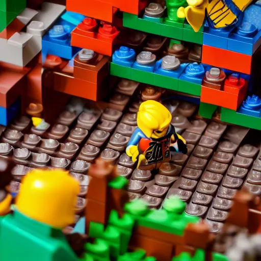 Image similar to image of a lego minifigure saving a small lego creature made of individual bricks in a colorful forest, concept art, seen from top down perspective, video game world, dynamic lighting, artstation, poster, volumetric lighting, 8 k, award winning