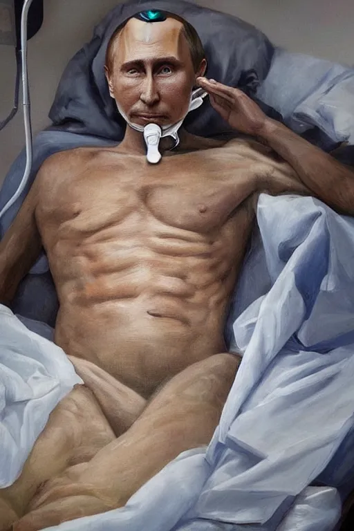 Image similar to a super very hyperrealistic oil painting of ill Vladimir Putin as a patient wearing an oxygen mask on a death bed inhaling from Copium tank that stand near his bed, visible face, oil painting, highly detailed, hyper realistic, volumetric lighting