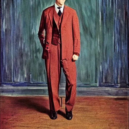 Image similar to stunning photograph of a three piece suit designed by edvard munch. award winning piece of fashion. studio lighting