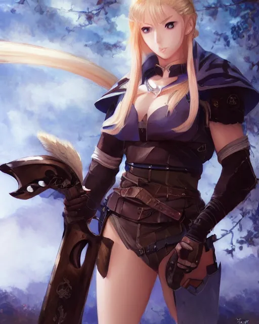 Image similar to An anime portrait of Enji Night as a blonde huntress from Skyrim, by Stanley Artgerm Lau, WLOP, Rossdraws, James Jean, Andrei Riabovitchev, Marc Simonetti, and Sakimichan, tranding on artstation, ultra realistic