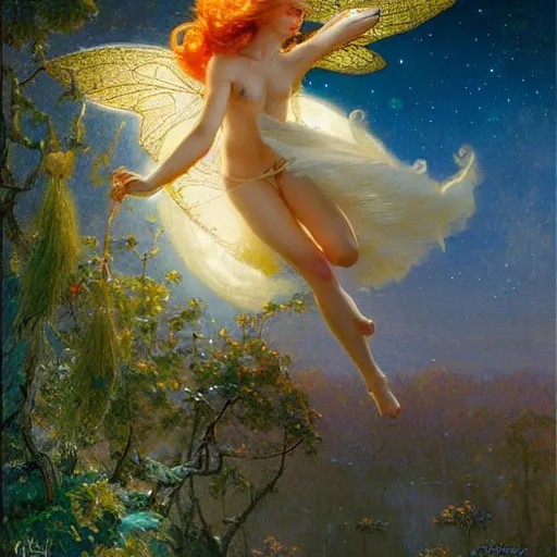 Image similar to attractive fairy magically floating high in the night, fantasy, full moon in background. highly detailed painting by gaston bussiere, craig mullins, j. c. leyendecker, sharp focus, 8 k