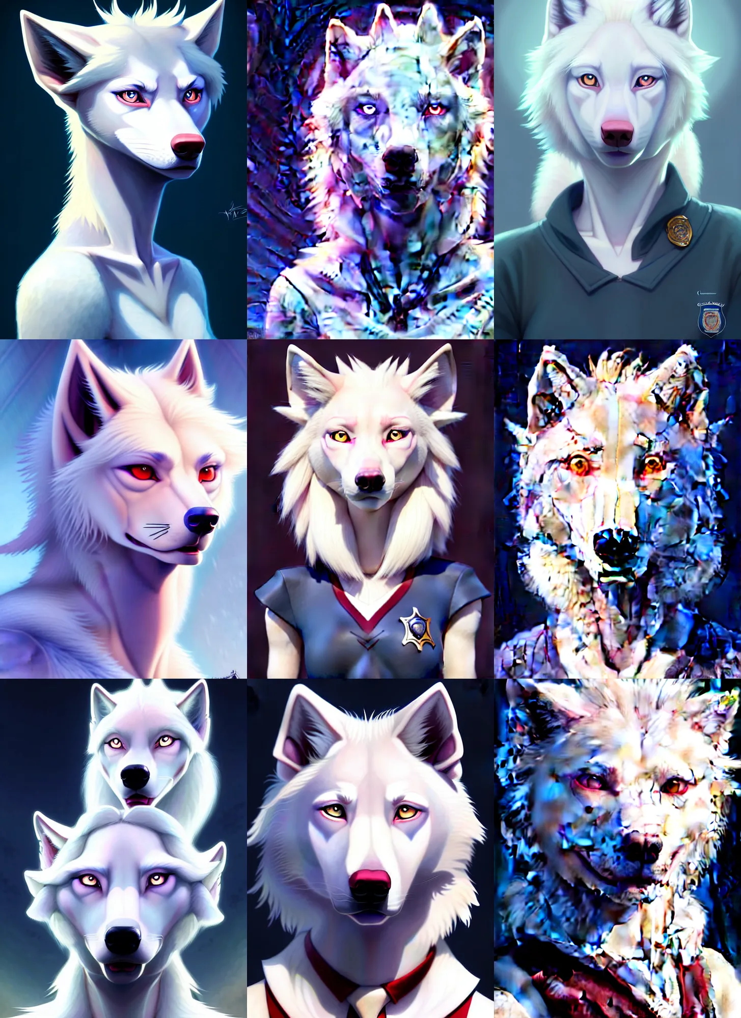 Prompt: beautiful portrait of a female anthropomorphic albino wolf fursona with eyes that are blue and hair that is red wearing a state trooper uniform. character design by disney, charlie bowater, ross tran, artgerm, and makoto shinkai, detailed, soft lighting, rendered in octane