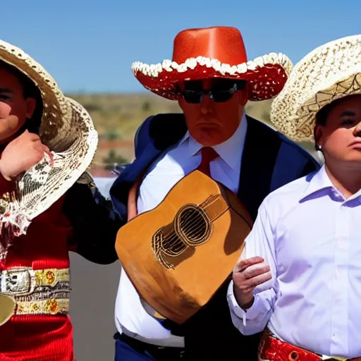Prompt: donald trump dressed as a mariachi on the border with mexico