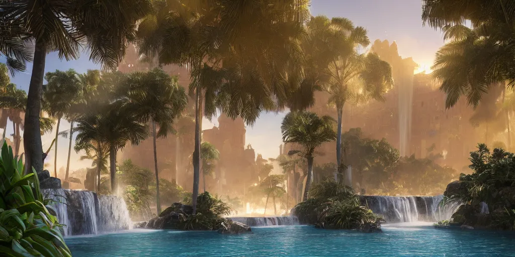 Image similar to beautiful oasis waterfalls surrounded by palm trees, moroccan tile archways, date trees, ivory towers, sun setting, ross tran, nephilim, pyroclastic flow, ethereal, fantasy, james jean, oozium, peter morbacher angelarium alchemy luxury heavenly light soft illumination, trending on artstation, cinematic lighting, digital painting, octane render, artgerm