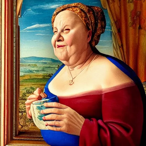 Prompt: a very funny stylize oil painting in renaissance style of a sweet fat old woman kissing her reflection. symmetry face, red mouth, blue eyes. flowery dress. hyper realistic scene. 3 d, octane render, deep focus, white scene. very funny and sweet image. unreal engine. watercolor. fellini style. poster quality. da vinci painting style.