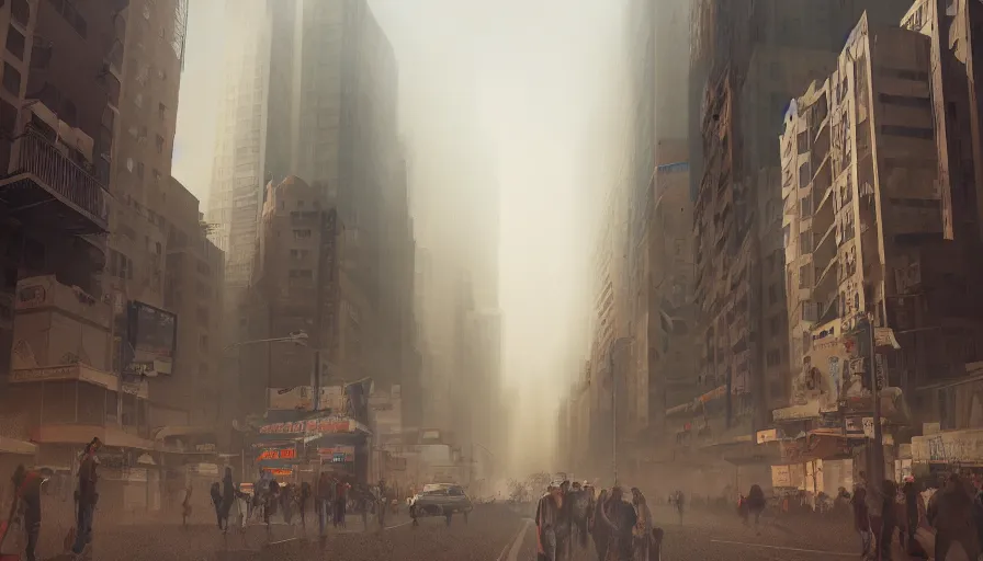 Prompt: new - york city streets under tons of sand during sandstorm, people fleeing, hyperdetailed, artstation, cgsociety, 8 k