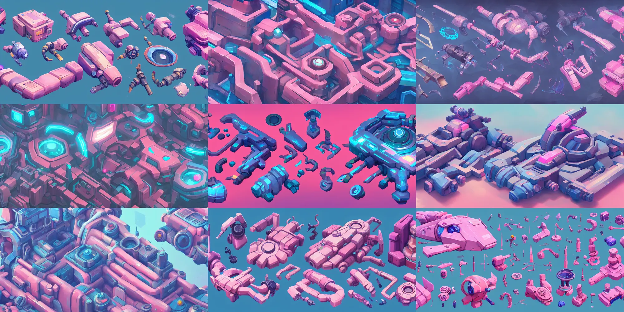 Prompt: game asset of electronic parts and greebles, exploration of shapes and forms, in gouache detailed paintings, props, stylized, 2 d sprites, kitbash, arcane, overwatch, blue and pink color scheme, 8 k, close up