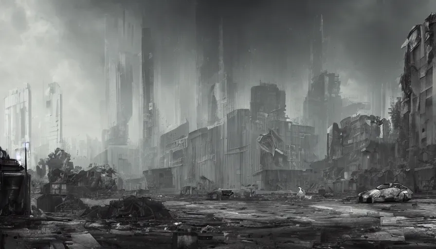 Image similar to ruins of futuristic berlin, grey sky, debris, dirty streets, hyperdetailed, artstation, cgsociety, 8 k