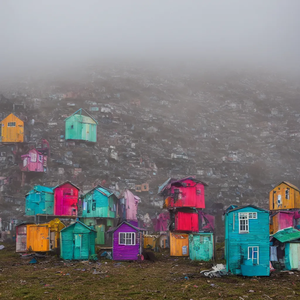 Image similar to two towers, made up of colourful makeshift squatter shacks, uneven fog, dystopia, sony a 7 r 3, f 1 1, fully frontal view, photographed by jeanette hagglund