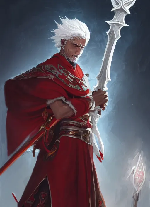 Prompt: a highly detailed illustration of sadistic white haired tanned african priest wearing white robe with red cross design, wielding divine bloody sword, evil smile, gothic church background, intricate, elegant, highly detailed, centered, digital painting, artstation, concept art, smooth, sharp focus, league of legends concept art, wlop