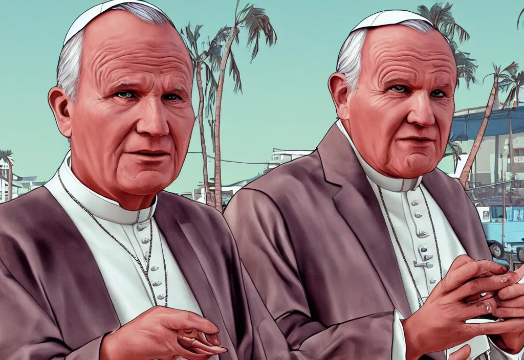 Prompt: pope john paul ii in grand theft auto loading screen, gta art style, illustration, beach, miami, vice city