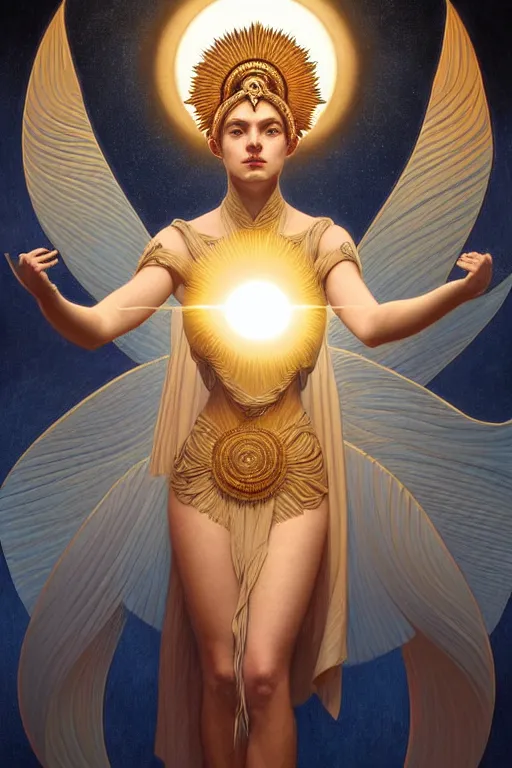 Image similar to symmetry!!!! intensely intricate tintype fan art of full frontal pose of a young sun goddess, protagonist, overtaking a young moon god, antagonist, intricate, elegant, highly detailed, my rendition, digital painting, artstation, concept art, smooth, sharp focus, illustration, art by artgerm and greg rutkowski and alphonse mucha