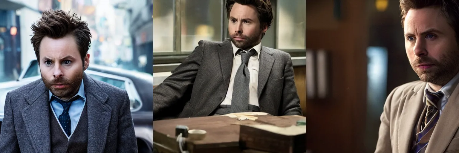 Prompt: close-up of Charlie Day as a detective in a movie directed by Christopher Nolan, movie still frame, promotional image, imax 70 mm footage