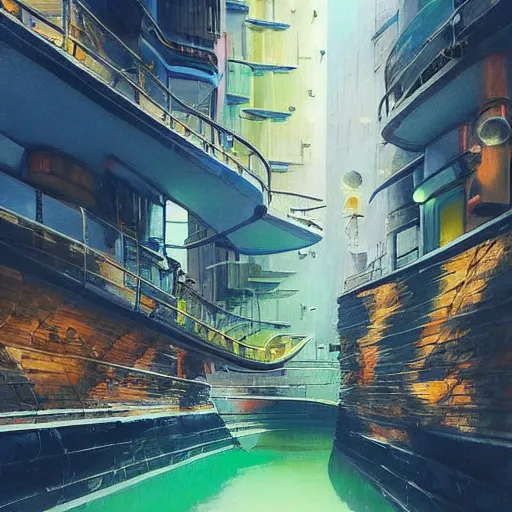 Prompt: Narrow cosy waterway in futuristic sci-fi city in harmony with nature. Nice colour scheme, soft warm colour. Beautiful detailed painting by Lurid. (2022)