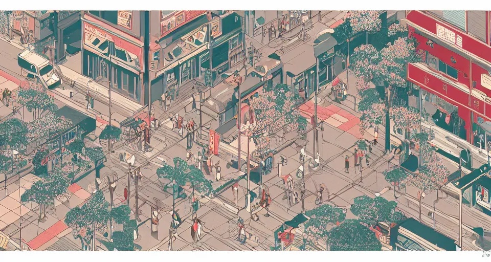 Prompt: isometric view illustration of a japanese street corner, by Victo Ngai