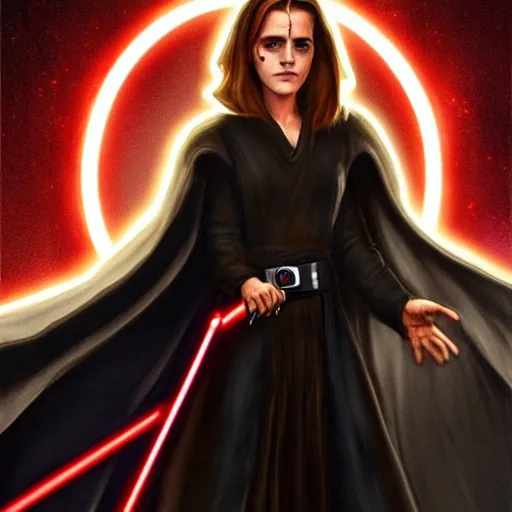 Image similar to emma watson as a sith lord with a cloak and a lightsaber, commissioned fan art