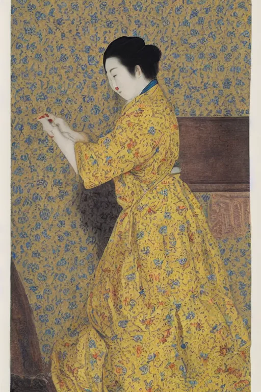 Image similar to an asian woman emerges from yellow wallpaper decorated with sensual feminine faces by charles walter stetson