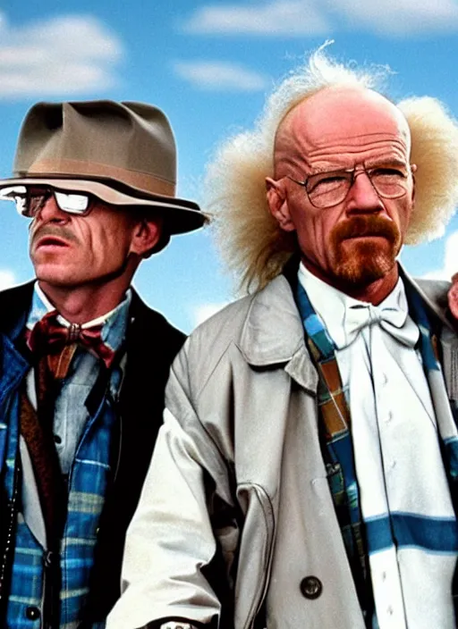 Prompt: film still of Walter White as Doc Brown in Back To The Future, bttf delorean next to him, 4k