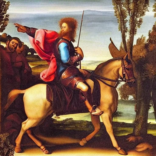 Prompt: renaissance painting of messi dressed in grenadier clothing on horseback