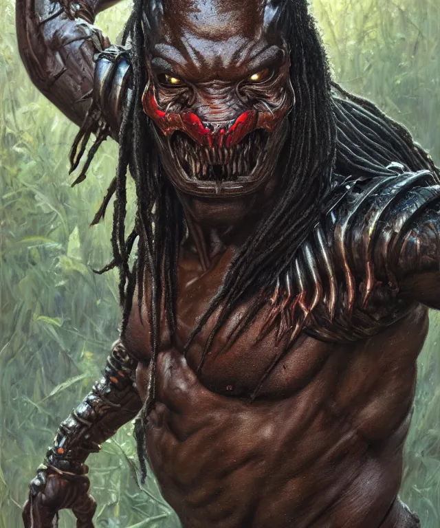 Image similar to a portrait of the predator by chris warner, oil on canvas, deep depth field, masterpiece, by donato giancola, trending on artstation, featured on pixiv, cinematic composition, hyper - detailed, hd, hdr, 4 k, 8 k