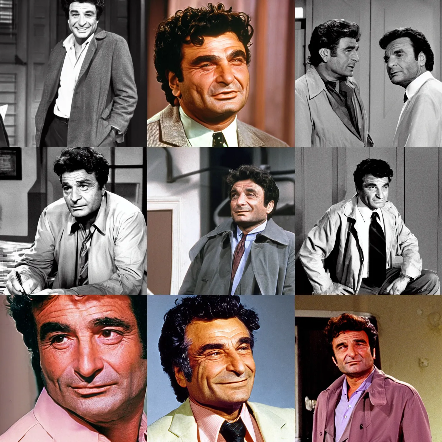 Prompt: a young peter falk as police detective columbo in his messy tan trenchcoat, squinting with a goofy slight smile, looking at a small pink kirby