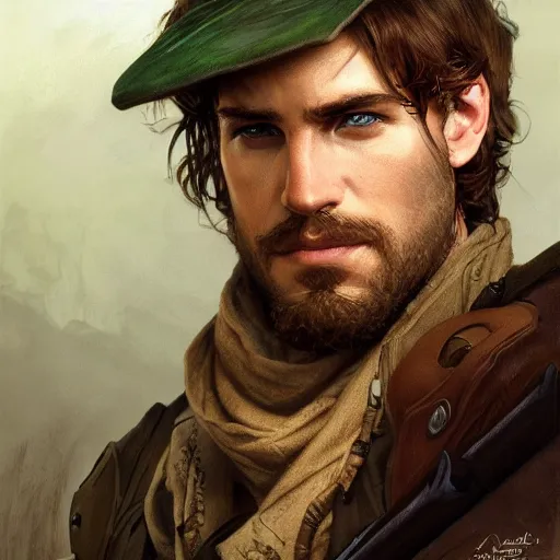 Prompt: portrait of a rugged male ranger, green eyes, brown hair, D&D, fantasy, intricate, elegant, highly detailed, digital painting, artstation, concept art, smooth, sharp focus, illustration, art by artgerm and greg rutkowski and alphonse mucha